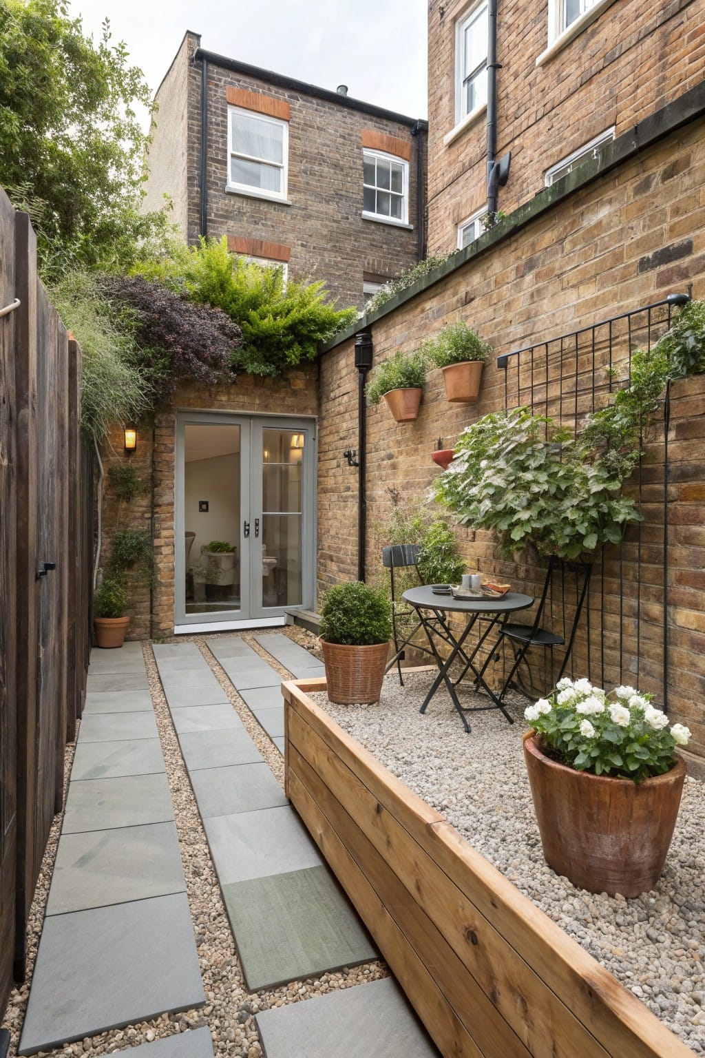 Narrow backyard passageway with gray stone slab path, gravel area edged by wooden raised planter box, potted plants and small bistro table and chairs against brick walls with wall-mounted greenery.