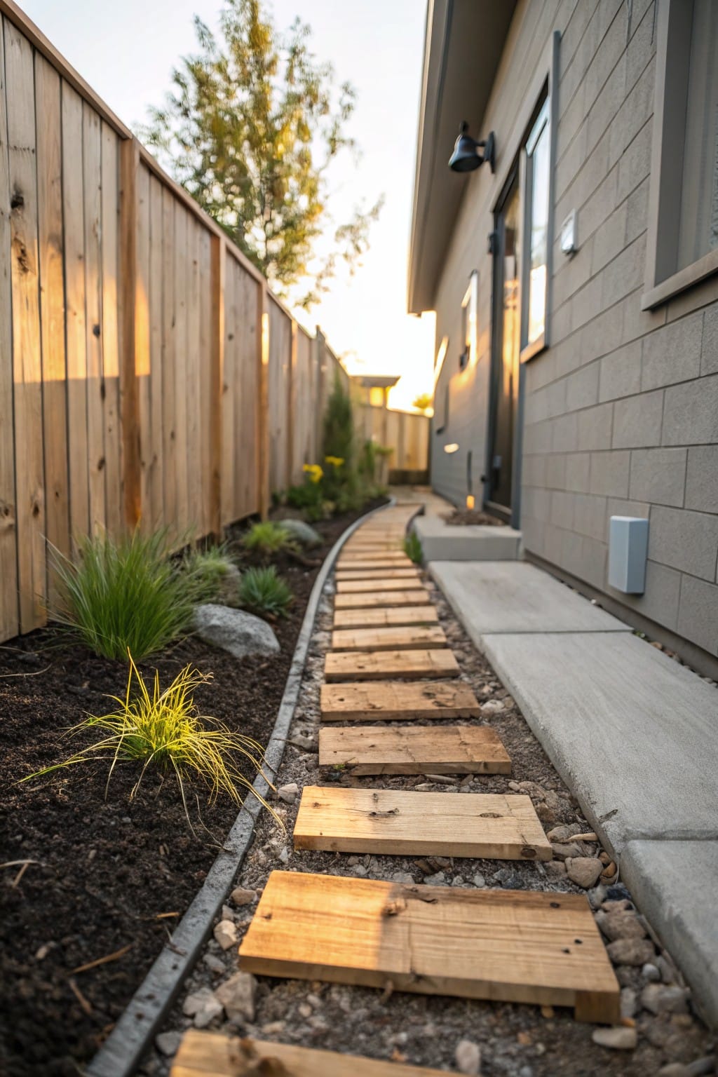 Curved backyard pathway of rectangular wooden slabs set in gravel, bordered by curved garden bed with ornamental grasses, rocks, and mulch along a gray block house wall and wooden fence.