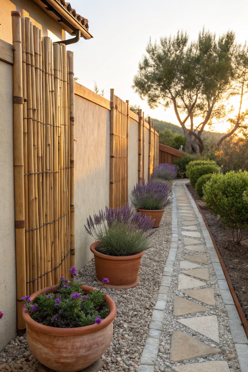 Bamboo pole screens attached to a wooden fence beside a stucco wall, with terracotta pots of lavender plants along a gravel path edged in triangular stone pavers.