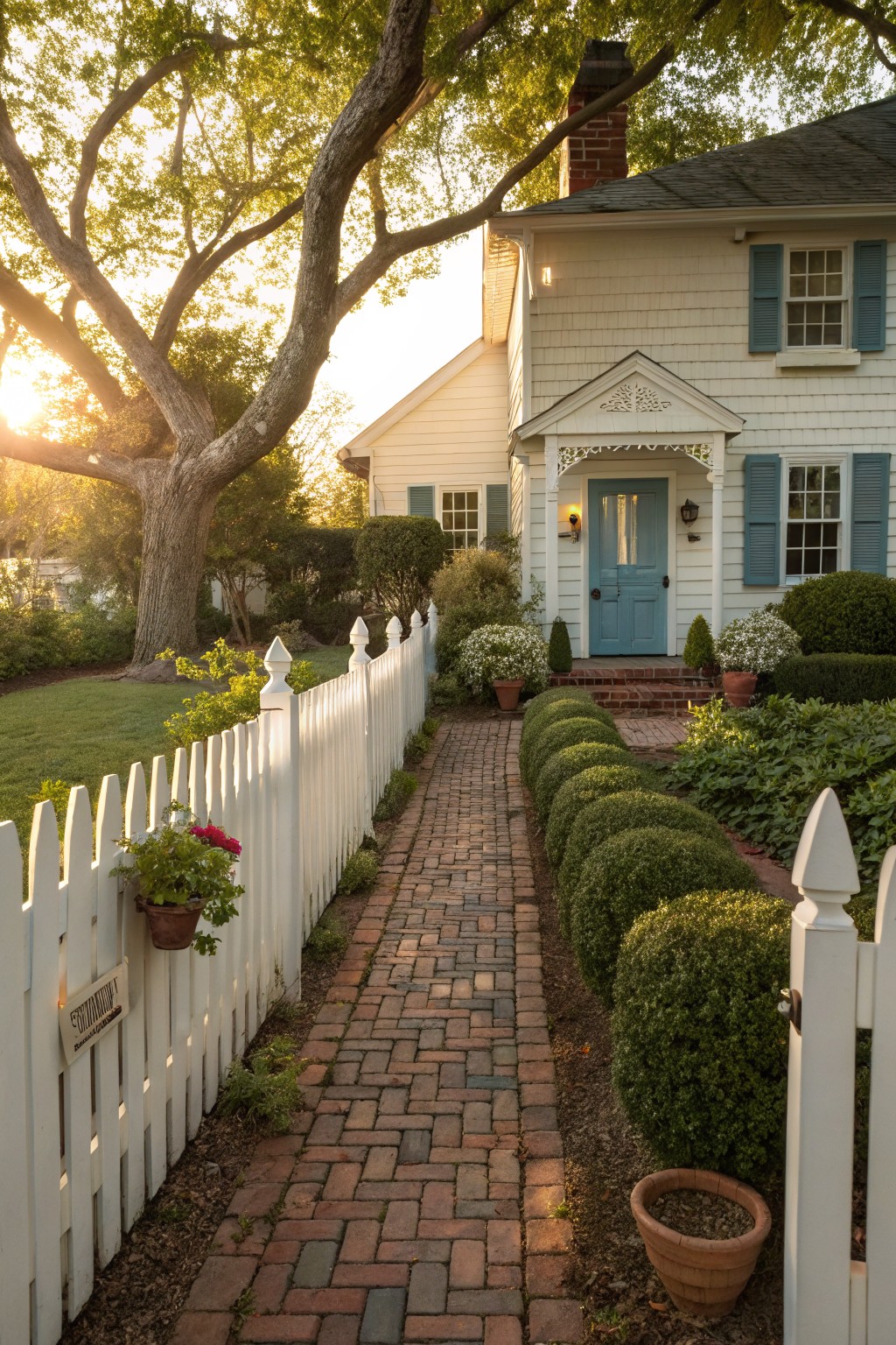 White clapboard house with blue front door and porch, white picket fence along brick pathway lined with boxwood shrubs and potted plants, large oak tree and sunset light.