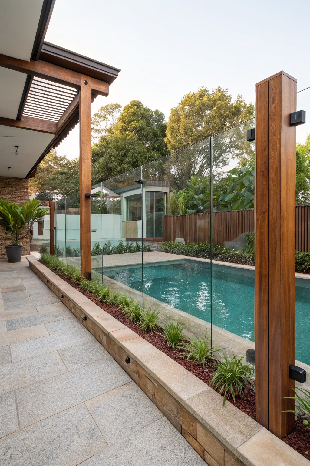 Backyard pool enclosed by frameless glass fencing with vertical timber posts, adjacent stone pathway, raised planters with grasses, and timber pergola overhead.