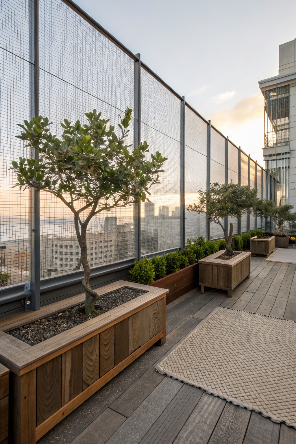 Rooftop deck featuring tall metal mesh fencing enclosing wooden planters with small trees and shrubs, wooden decking, a rug, and a city skyline view at sunset.