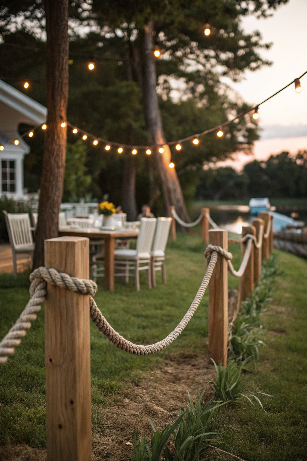 Grassy patio edge with wooden posts connected by thick nautical rope fencing, a dining table with white chairs nearby, string lights overhead, trees, and a lake in the background.