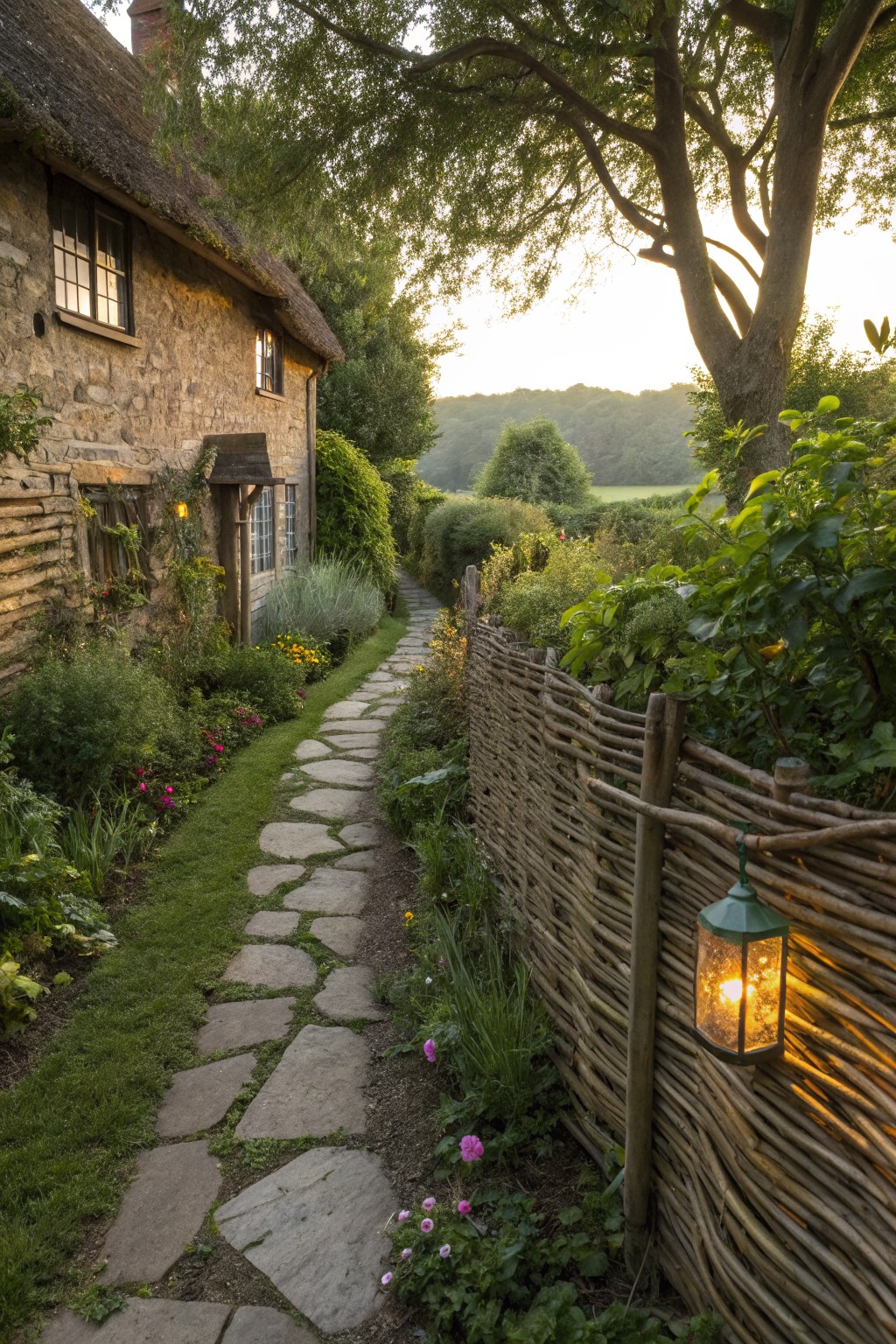 Stone cottage with thatched roof and wooden door next to a flagstone path edged by woven wood fencing, overgrown with plants and flowers, and a green lantern hanging on the fence.