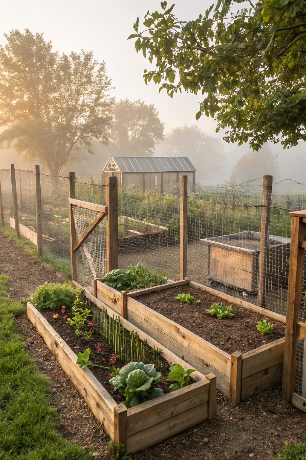 Wooden raised garden beds with vegetables enclosed by a chain-link fence on wooden posts, next to a small greenhouse, in morning mist with trees in the background.