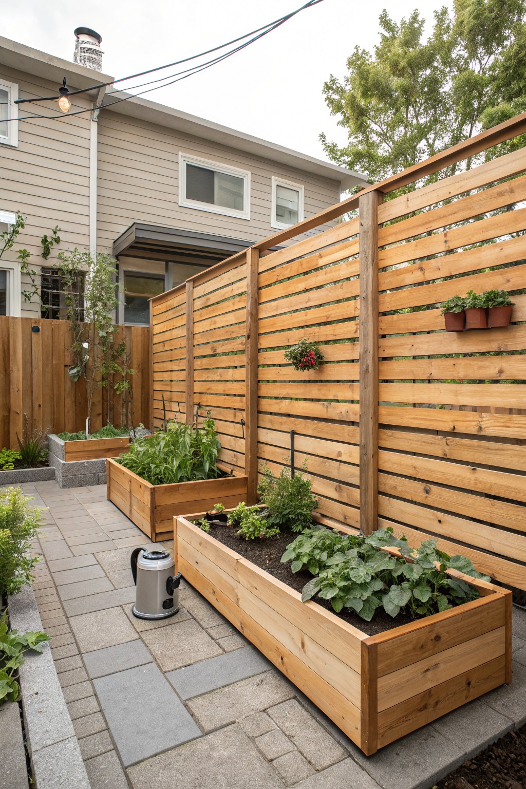 Backyard patio with wooden raised garden beds filled with vegetables, a slatted horizontal wood fence with hanging flower pots, a metal watering can on paver stones, and a house and trees in the background.