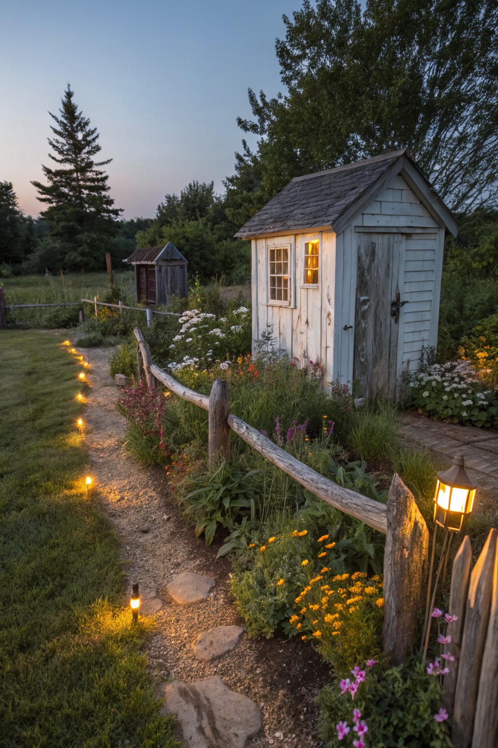 White wooden garden shed with a lit window at the end of a gravel path lined with solar stake lights and flowers, bordered by a rustic split-rail wooden fence in a backyard at dusk.