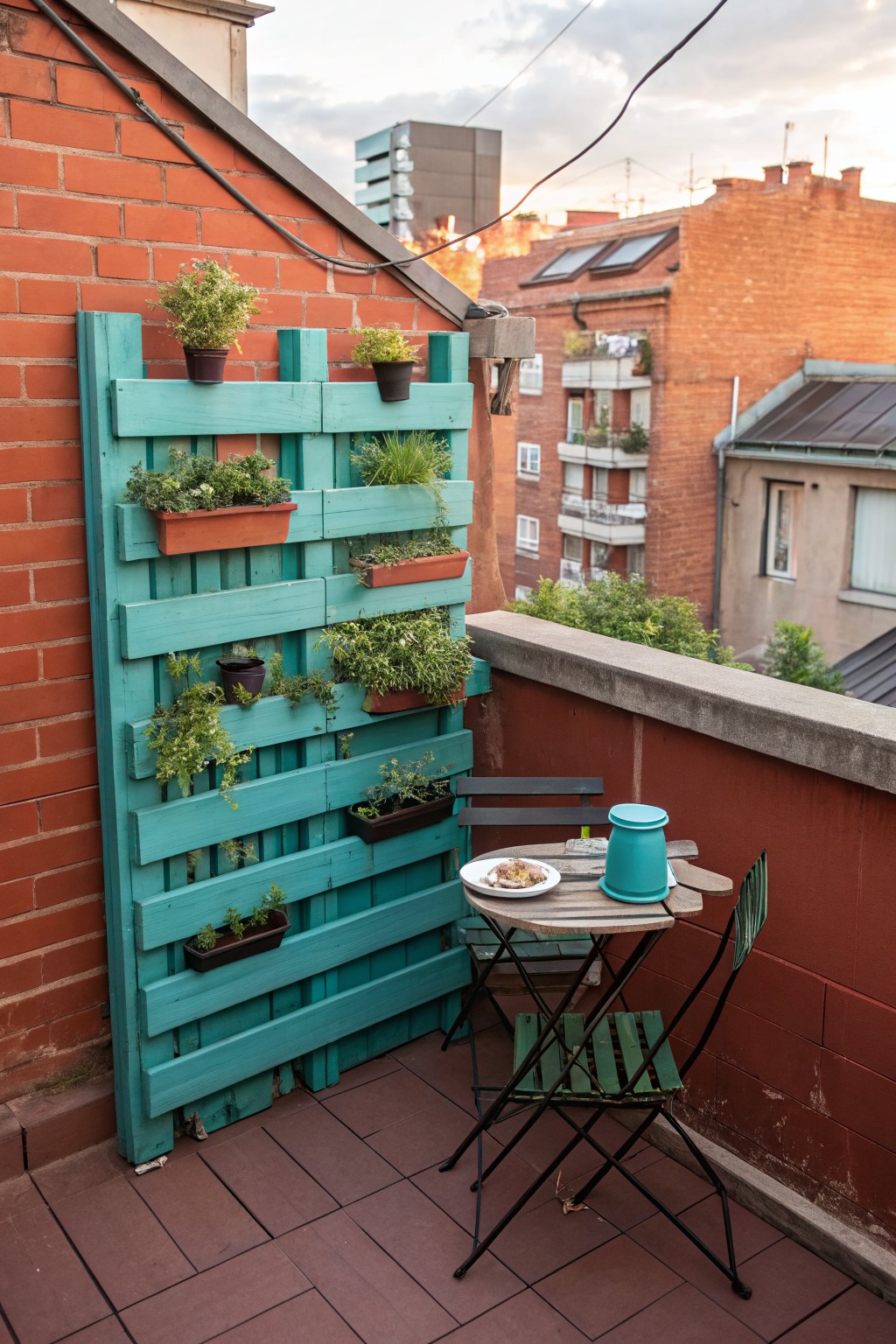 Turquoise painted wooden pallet vertical planter filled with herb pots mounted on a brick balcony wall next to a small table with chairs and a teal pot.