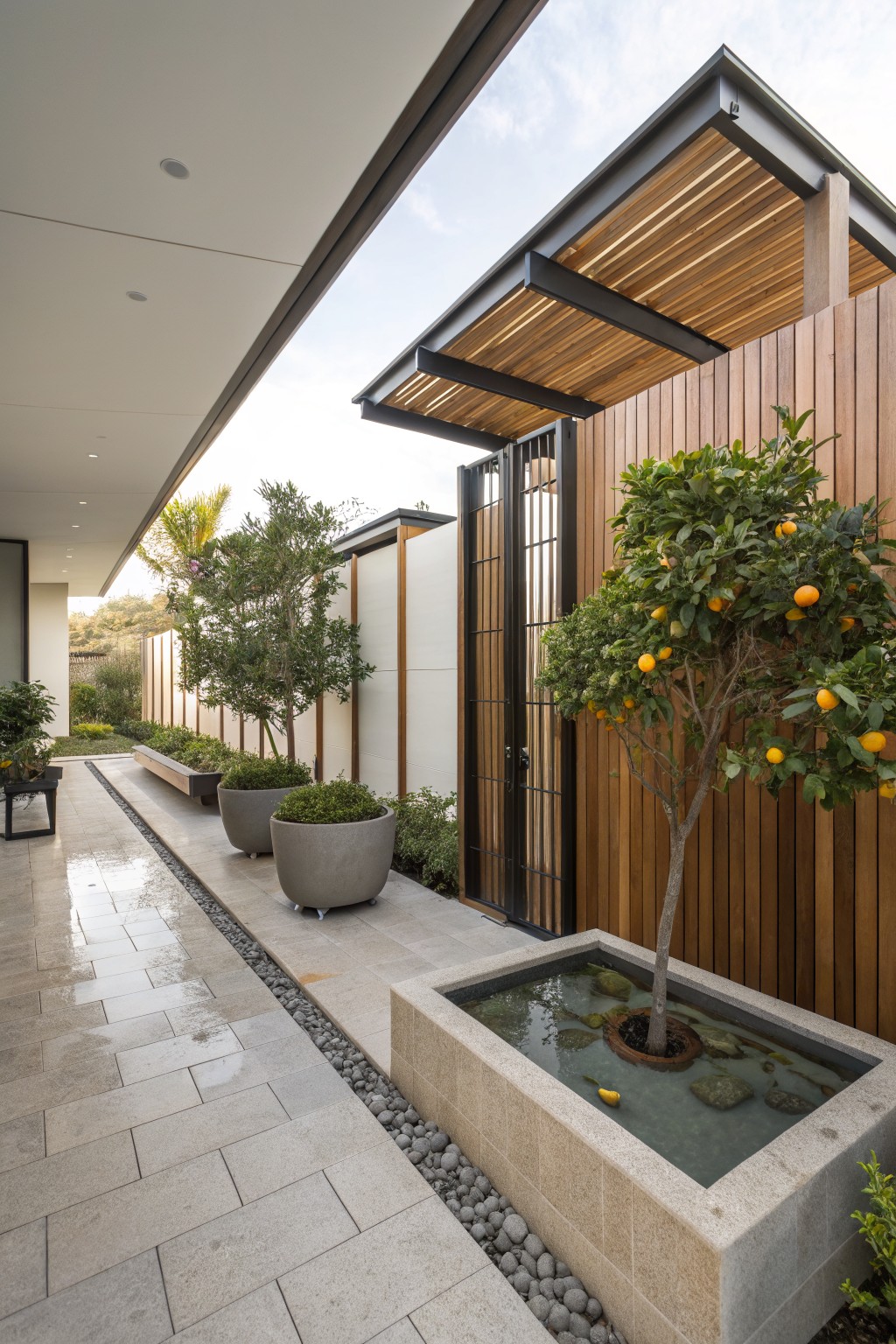 Stone pathway with pebble borders under a timber pergola, lined by potted trees and plants, leading to a tall vertical wooden fence with inset black metal gate and adjacent small water basin containing a tree.