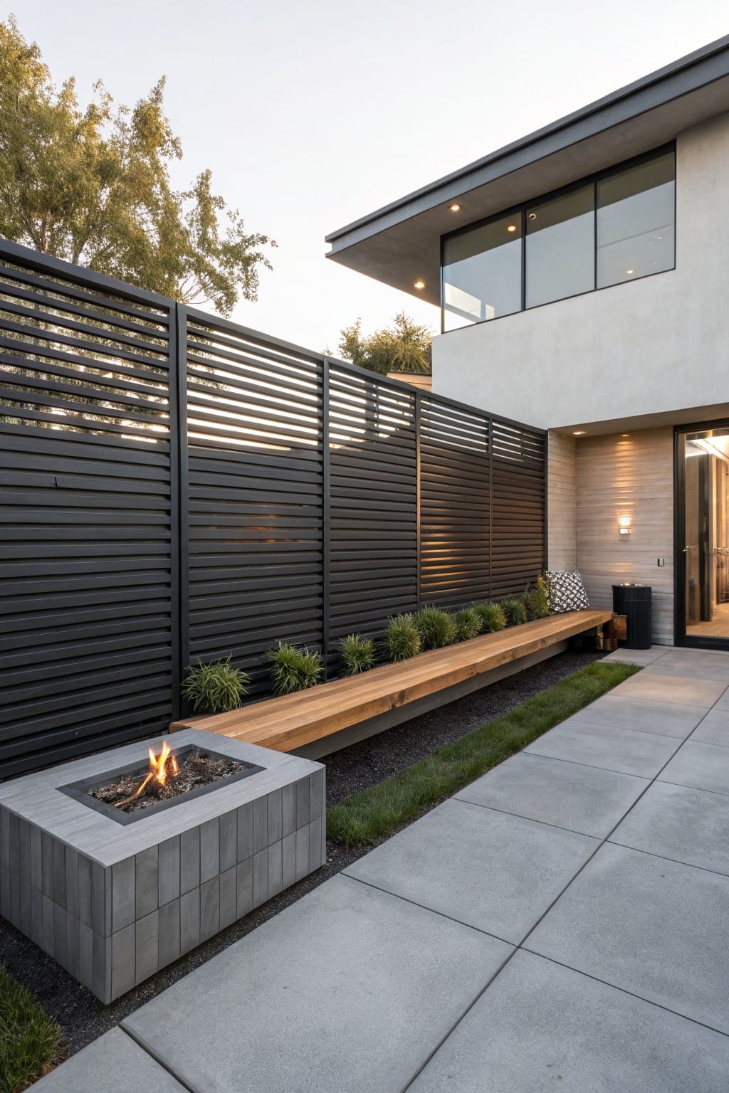 Backyard patio with black horizontal slat privacy fence, wooden bench along the fence base, concrete fire pit, potted plants, and adjacent modern stucco house with large windows.