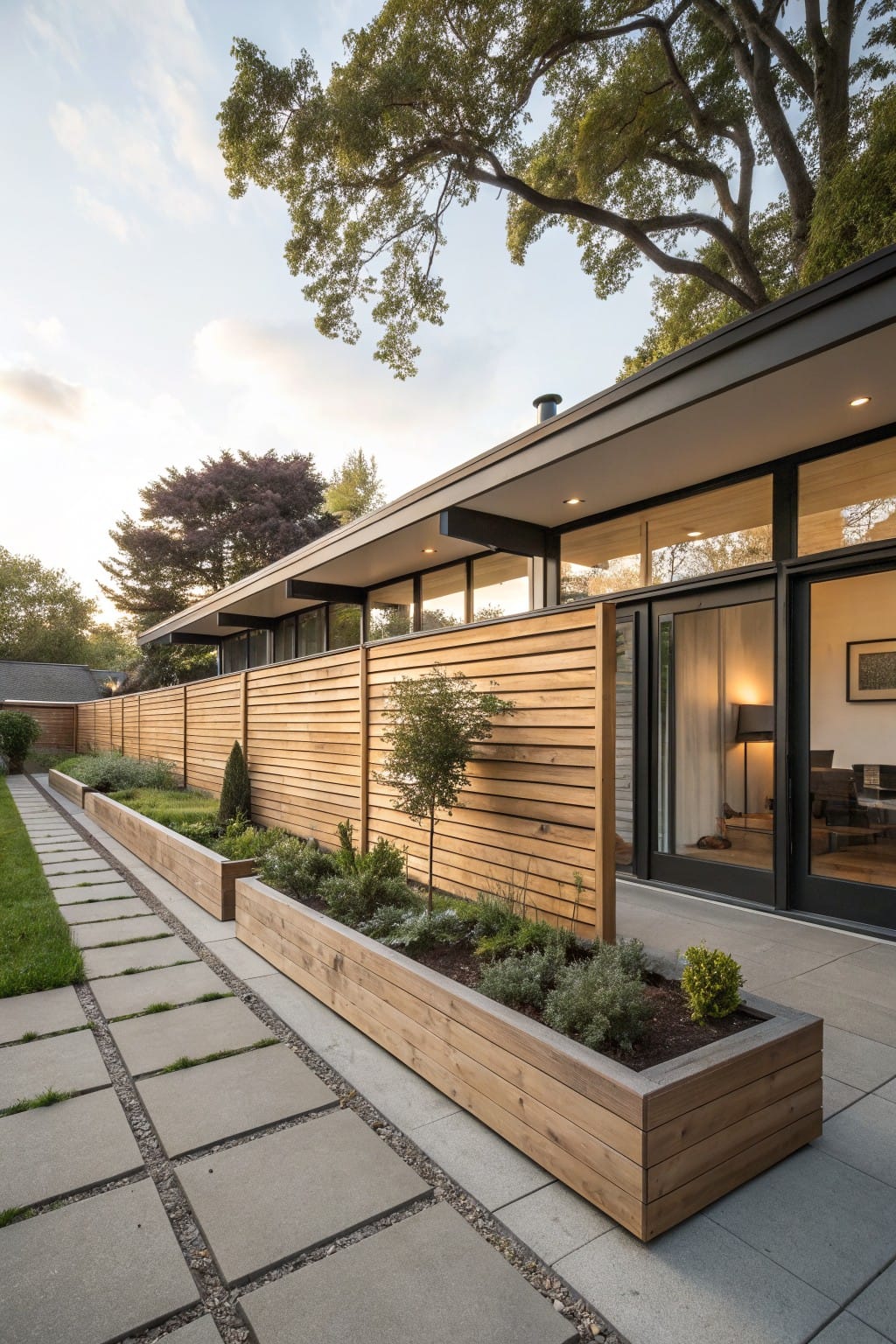 Backyard patio area featuring a tall horizontal wooden slat fence along one side, raised wooden planters with shrubs and plants at the base, concrete paver walkway, and large glass sliding doors on a modern house exterior.