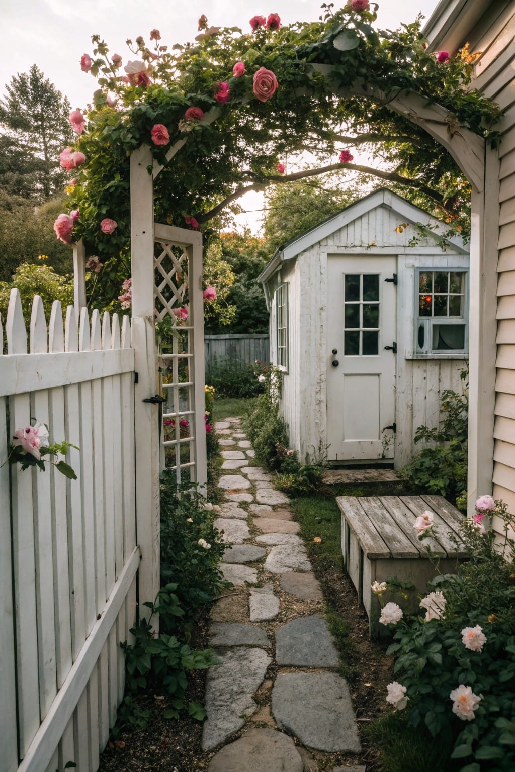 White picket fence with pink climbing roses on a wooden arched trellis over the open gate, stone path leading to a small white wooden garden shed surrounded by greenery and flowers.