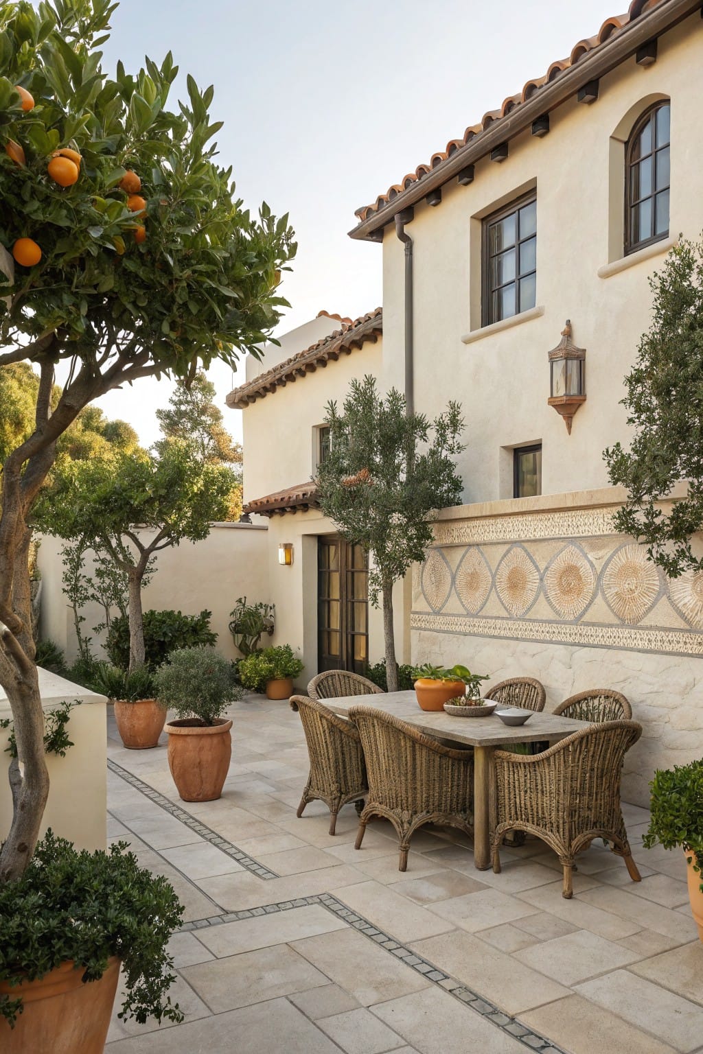 Stucco exterior wall enclosing a sunny backyard patio with wicker dining table and chairs, olive trees, an orange tree, potted plants, and stone pavers.