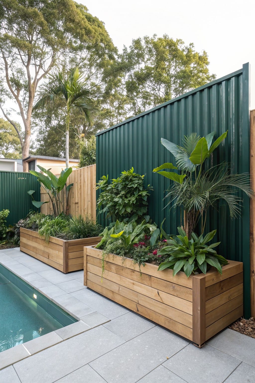 Backyard pool edged in grey pavers with green corrugated metal fence and adjacent wooden raised planters filled with tropical plants like palms and bananas.
