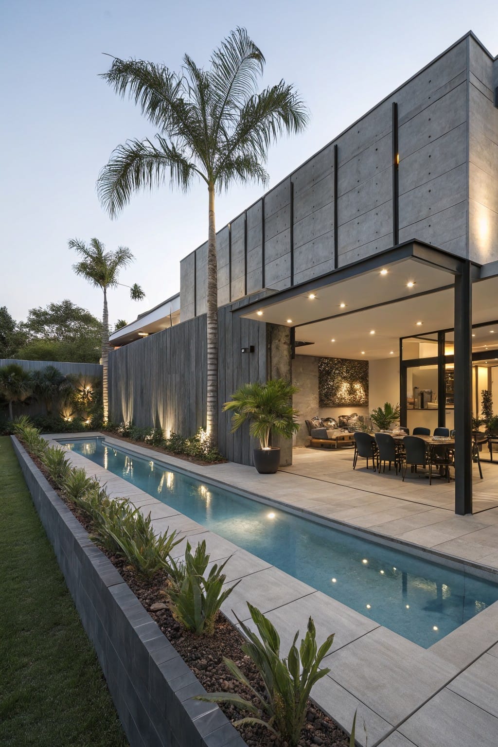 Modern backyard featuring a long lit lap pool flanked by planted retaining walls, tall slatted wood fence, palm trees, and an outdoor dining patio next to a concrete house at dusk.