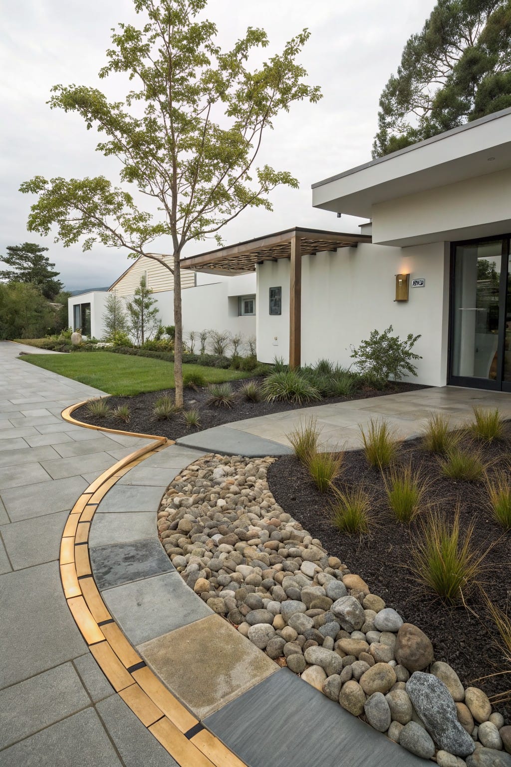 Curved gray slate pathway with thin brass edging strips, bordered by river rocks, black mulch, and grasses, leading to a modern white house entrance.