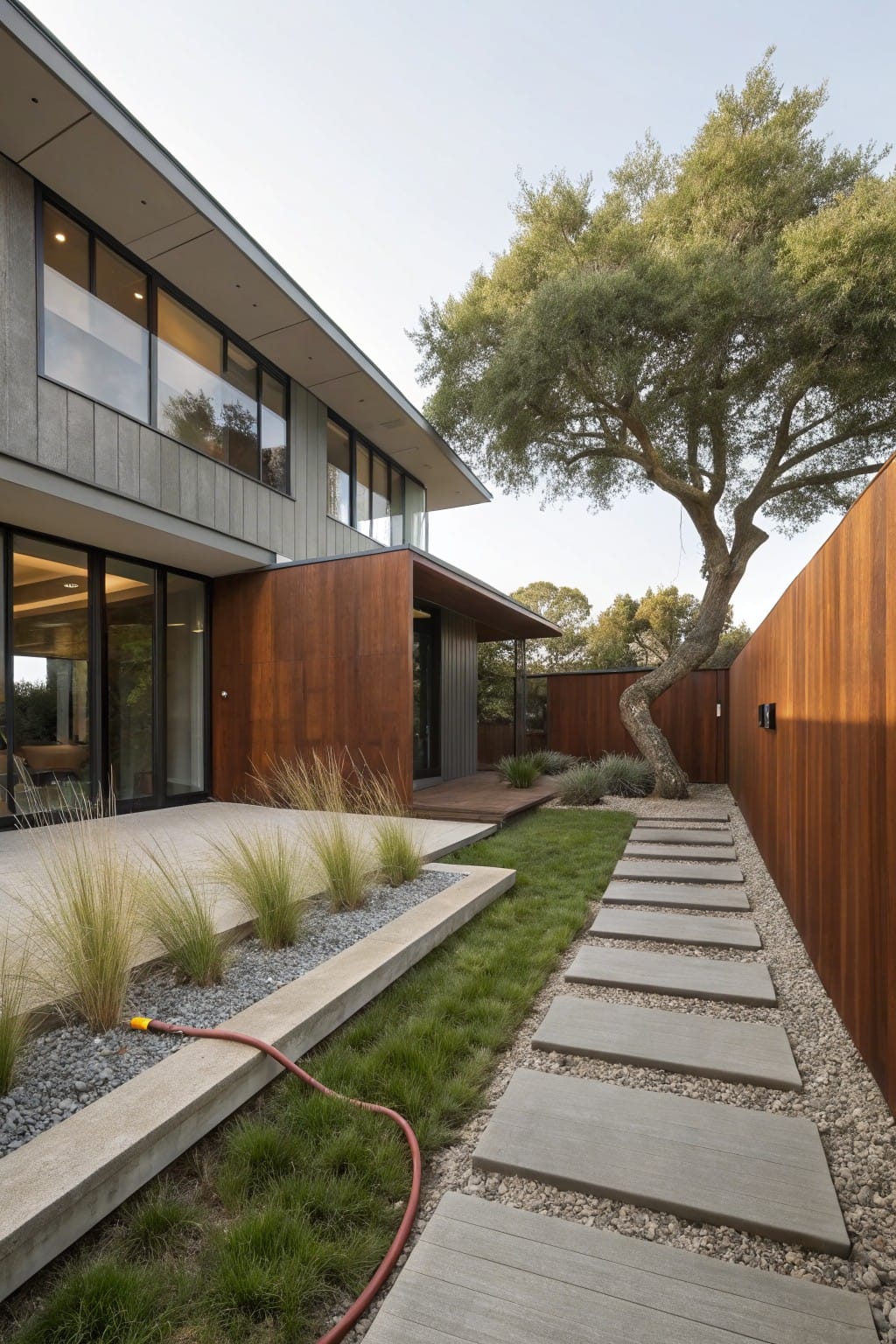 Side yard of a modern house with gray siding and wood panels, featuring a stepping stone path through grass bordered by concrete edging filled with gravel and ornamental grasses, a wooden fence, and large tree.
