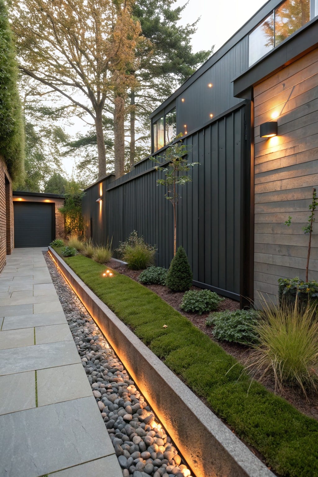 Stone pathway along a modern dark wood house exterior, bordered by concrete edging with recessed LED lights, pebbles, grass strip, and low plants, with a black fence and garage visible.