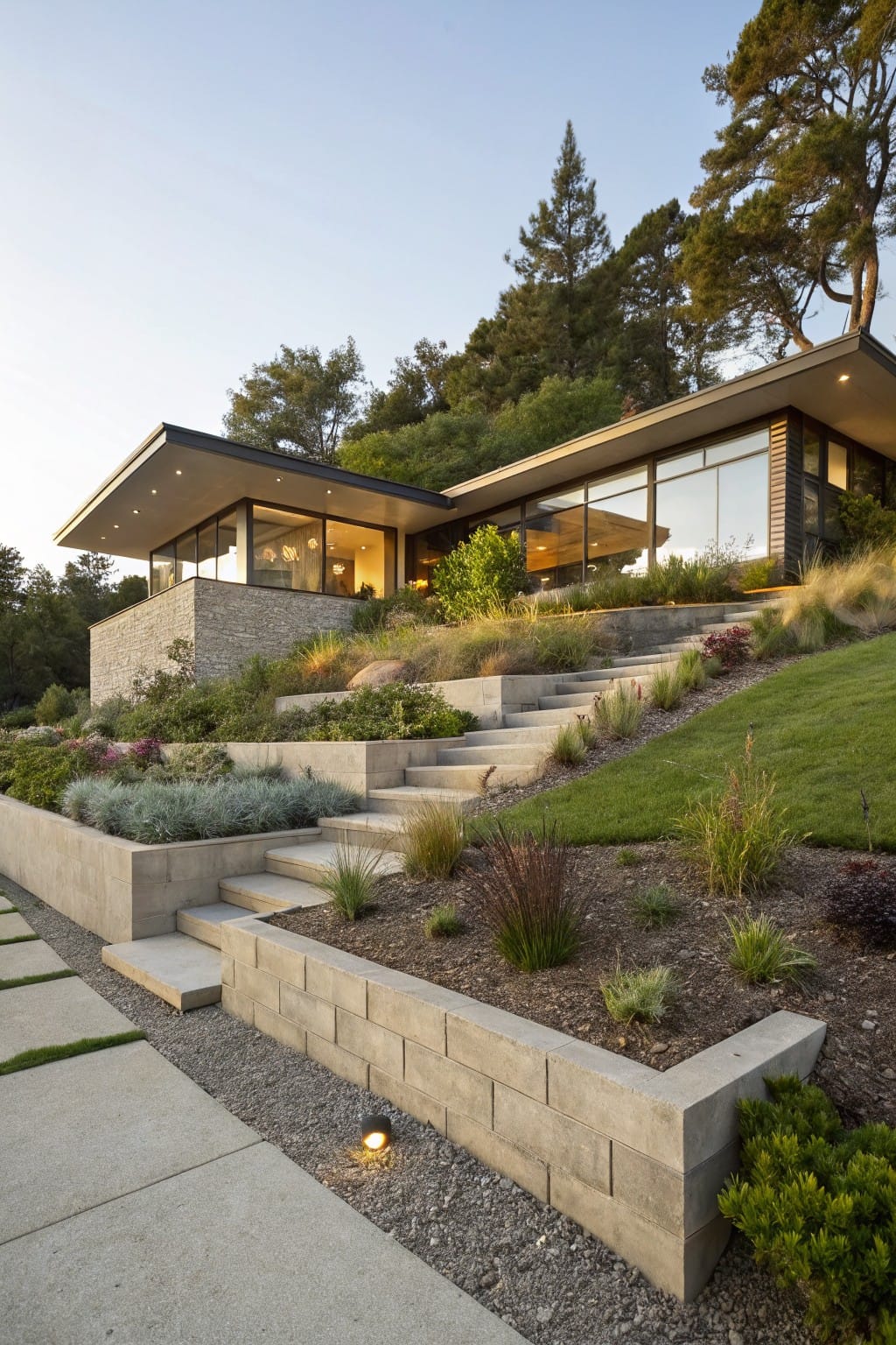 Hillside modern home with stacked concrete block retaining walls forming terraces and integrated steps, planted with grasses and shrubs, leading from a driveway to the entrance.