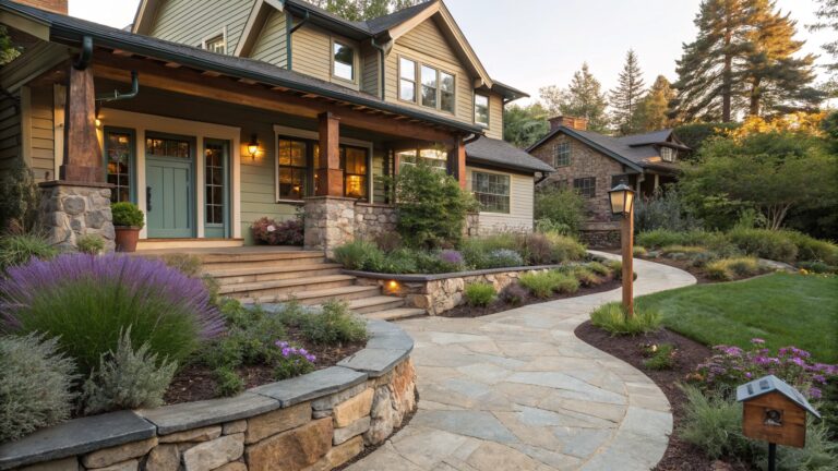 Craftsman-style house exterior featuring a curved flagstone pathway bordered by low dry-stacked natural stone walls, with lavender plants, grasses, shrubs, and trees in the surrounding landscape.
