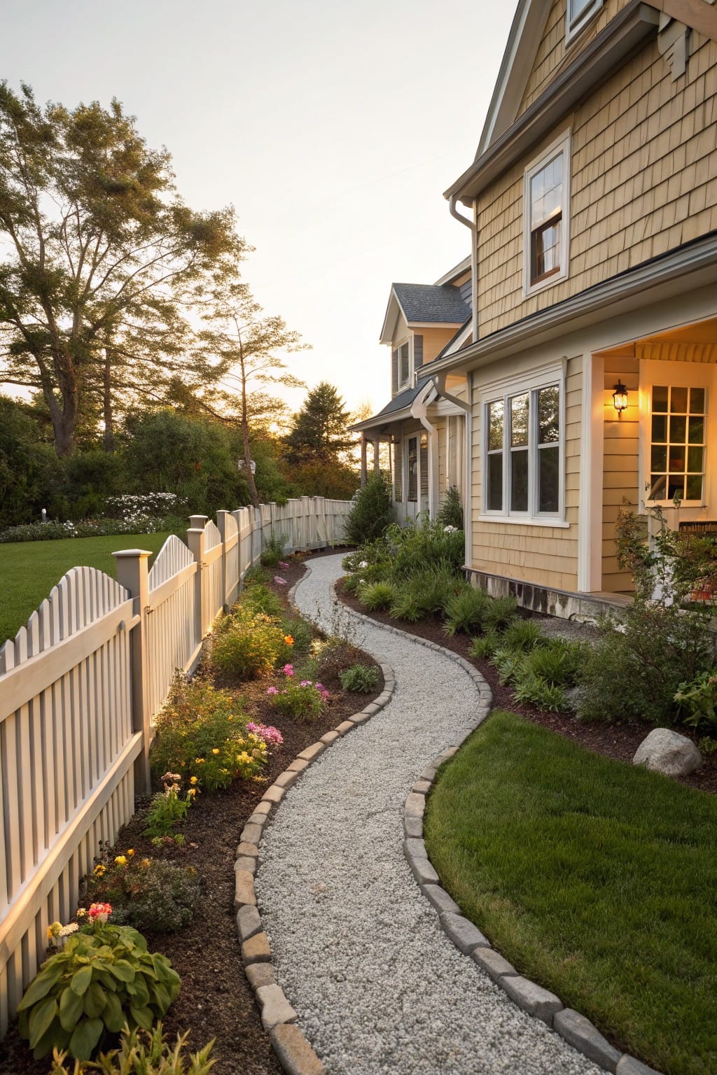 Curved gravel pathway edged with stones and bordered by flowers and plants next to a beige shingle house and white picket fence.