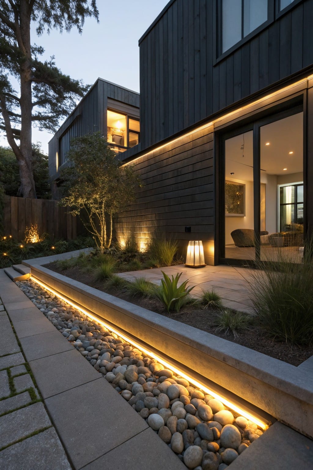 Backyard concrete pathway edged by a shallow pebble-filled trench with yellow LED strip lighting glowing underneath, next to landscaped beds with grasses and agave plants beside a modern black wood house at dusk.