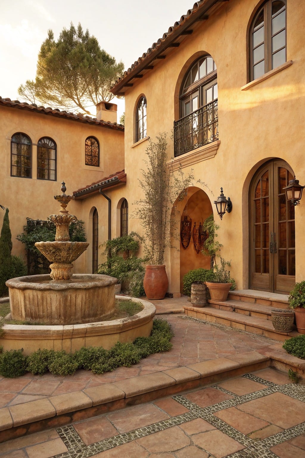 Beige stucco courtyard with central stone fountain edged by low green shrubs, terracotta paver walkway, potted plants, and arched wooden entry door.