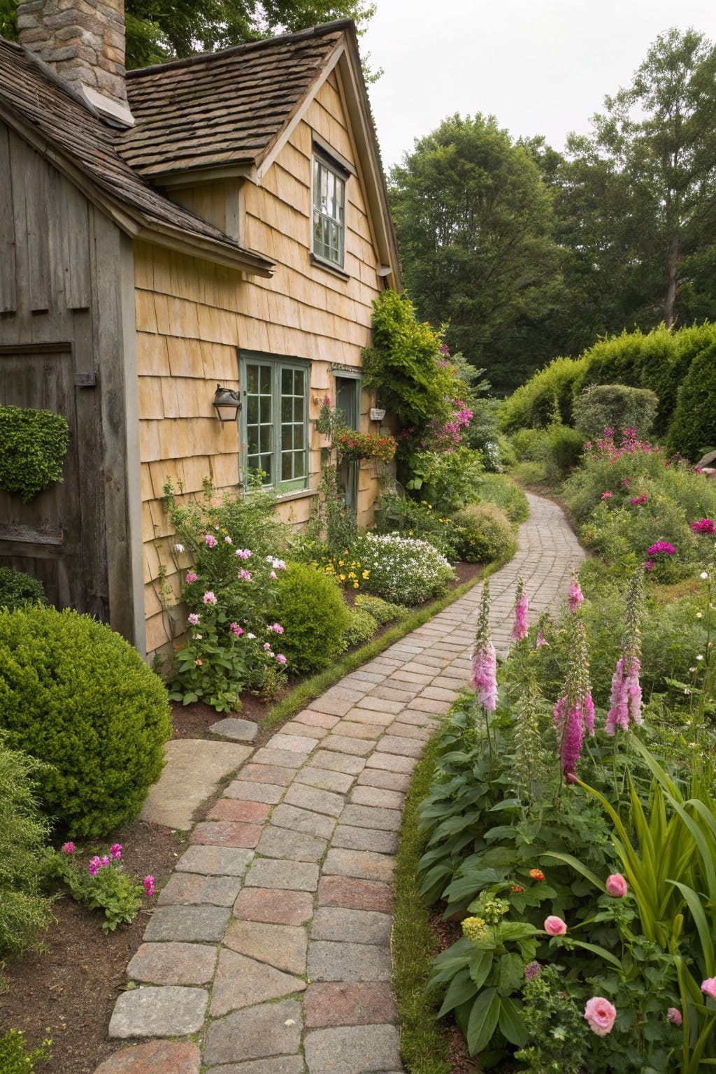 Shingle-style cottage beside a curved brick pathway edged with pink foxgloves, roses, boxwood shrubs, and other perennials in a lush garden.