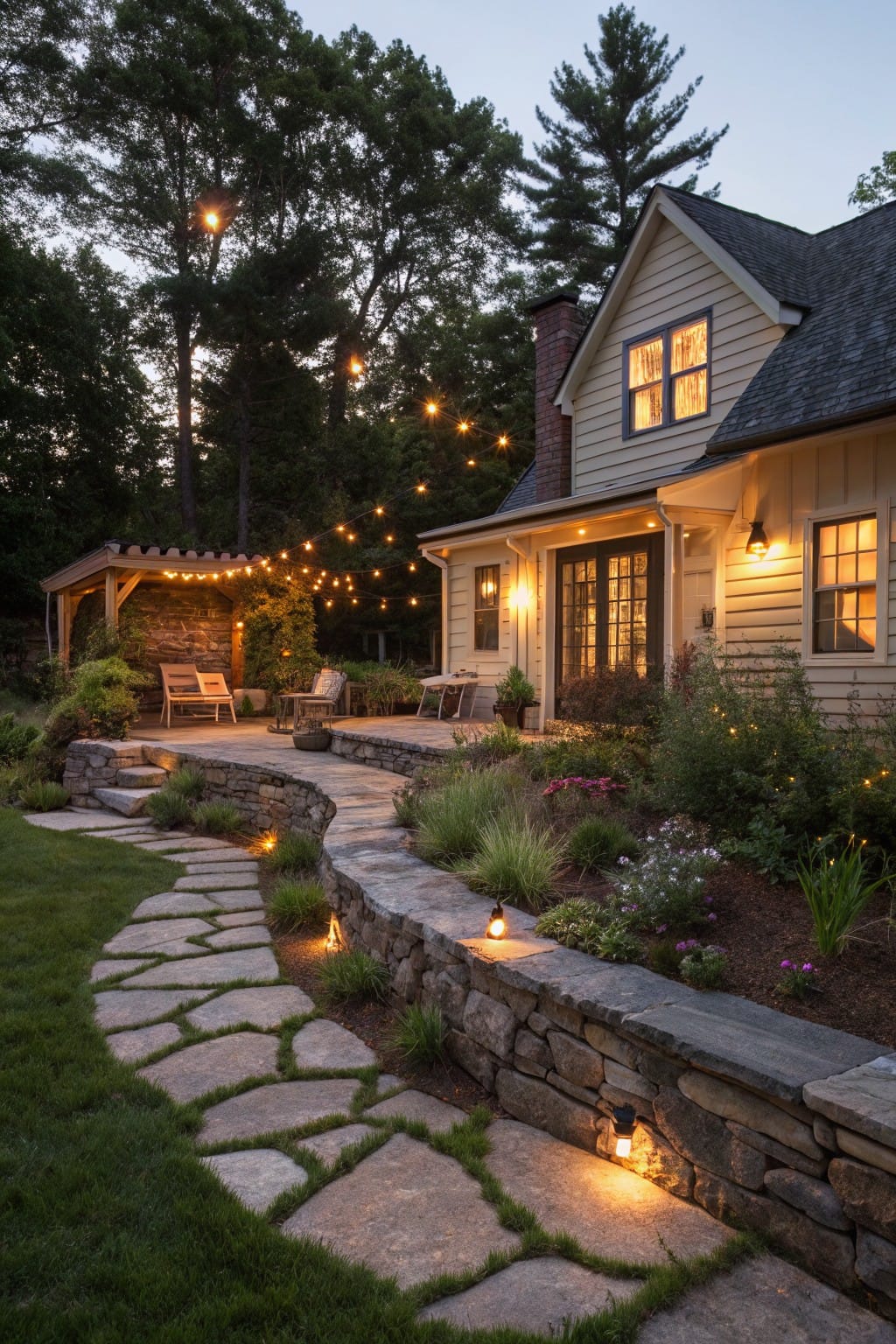Dusk view of a shingled house with lit windows and doors, pergola strung with lights over seating area, winding flagstone path edged by low dry-stacked stone retaining wall with lanterns, surrounded by plants, grass, and trees.
