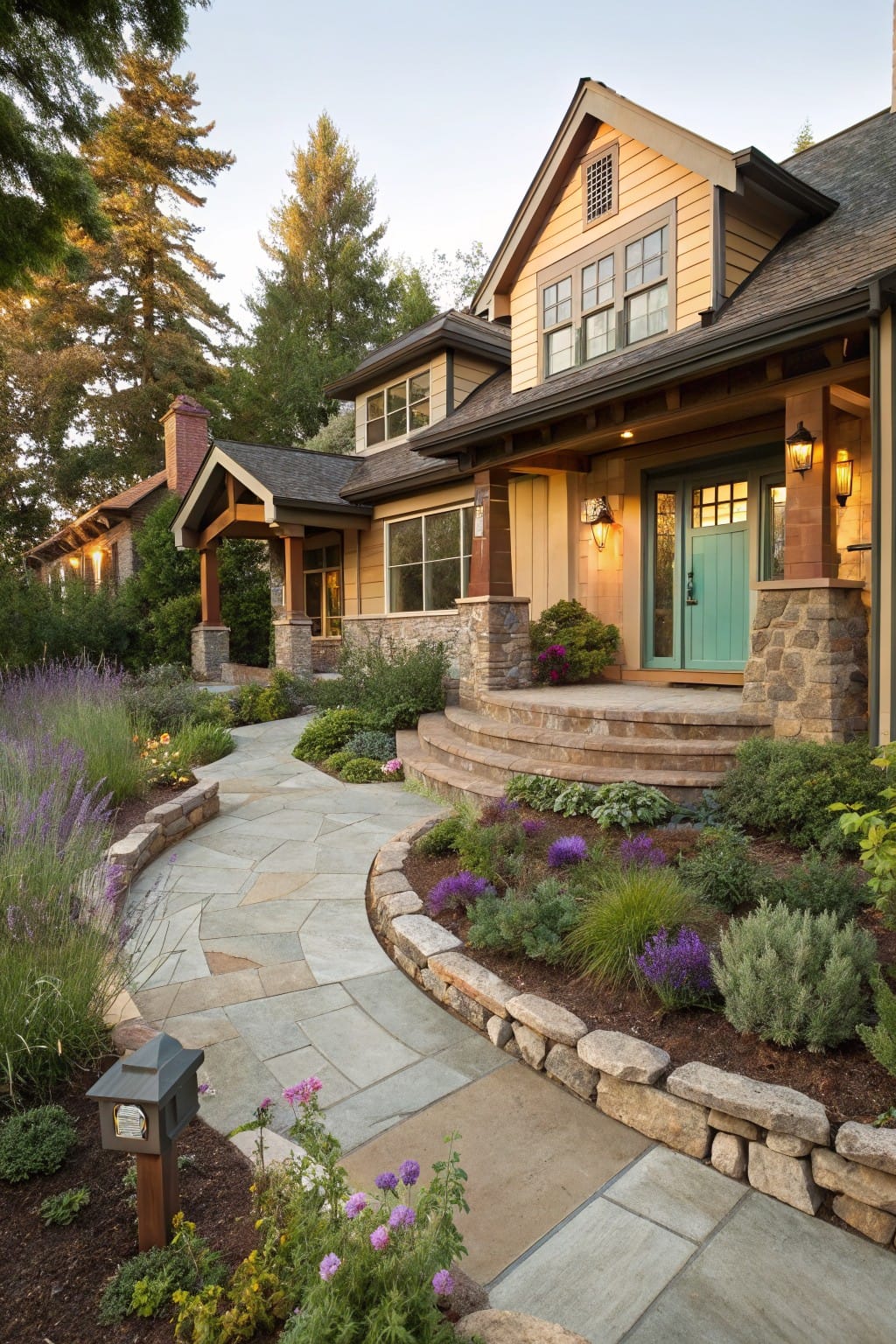 Craftsman-style house exterior featuring a curved flagstone pathway bordered by low dry-stacked natural stone walls, with lavender plants, grasses, shrubs, and trees in the surrounding landscape.
