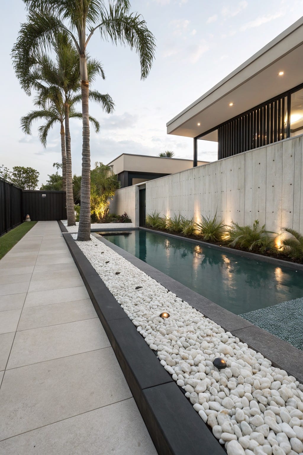 Narrow pool with white pebble edging between black trim and light tiled pathway, modern concrete walls, palm trees, and landscaped plants in evening light.