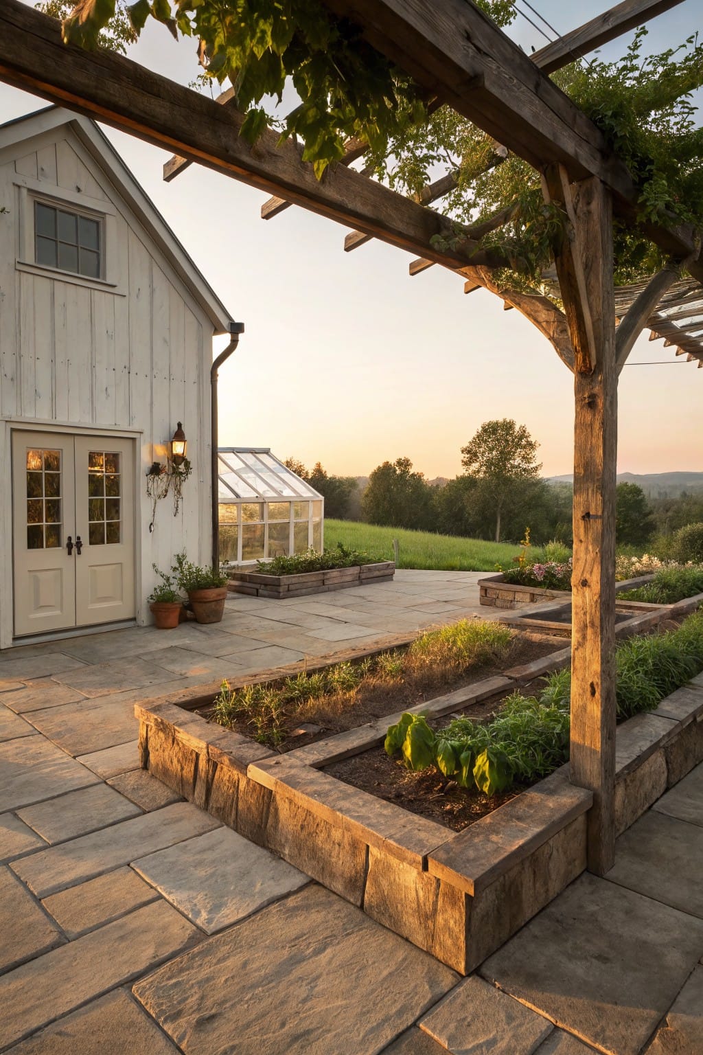 Stone raised garden beds filled with vegetables and herbs along a paver patio under a vine-covered wooden pergola, next to a white shed with double doors and a greenhouse in the background.