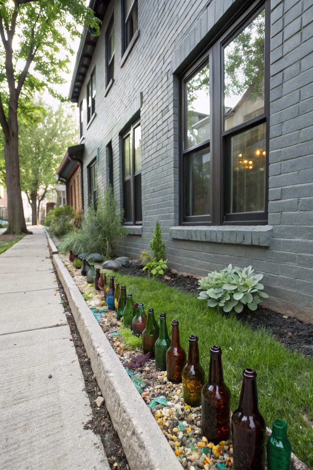 Concrete planting strip along a sidewalk edged with upside-down colorful glass bottles in brown, green, blue, and clear, containing grass, plants, pebbles, and some pottery pieces next to a dark brick house.
