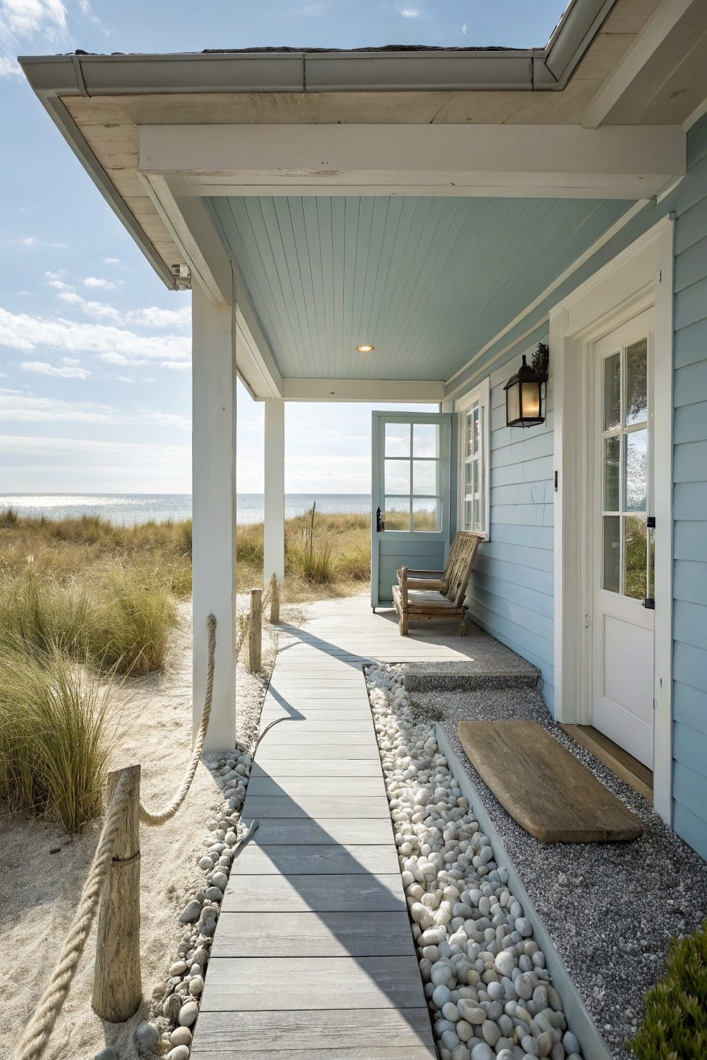 Light blue clapboard beach house with wraparound porch, open doors, wooden bench, boardwalk path edged by rope on posts amid sand, white pebbles, beach grass, and ocean view.