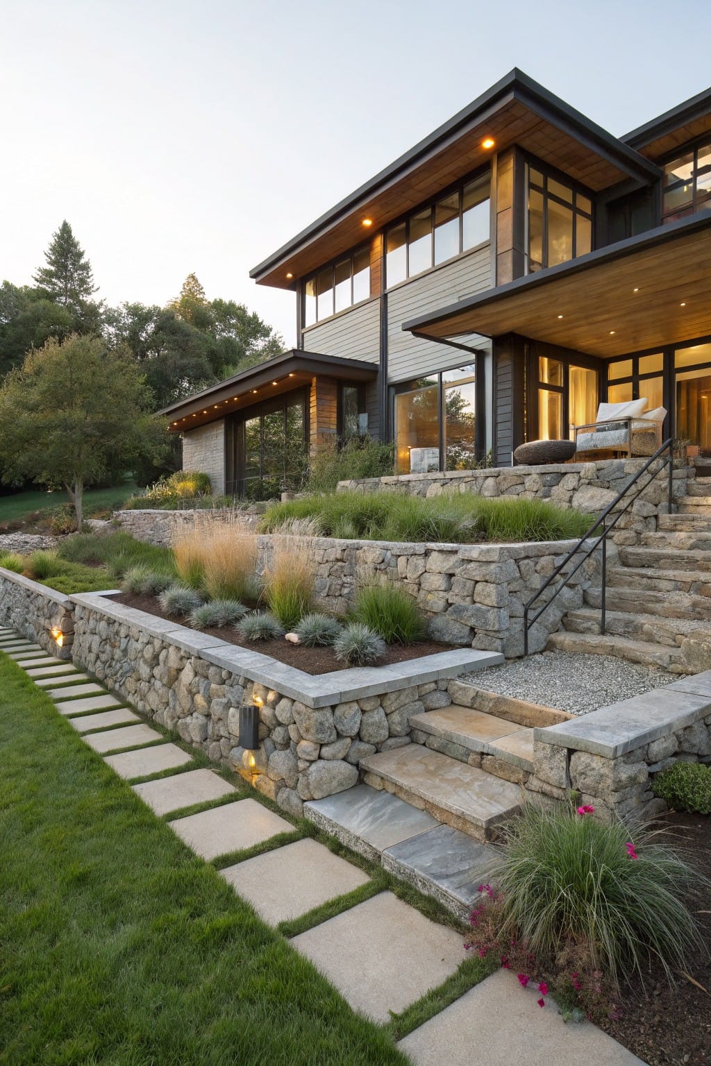 Contemporary house on a slope with multi-level dry-stacked stone retaining walls planted with ornamental grasses, stone steps with metal railings, concrete paver path along a lawn, and warm exterior lighting.