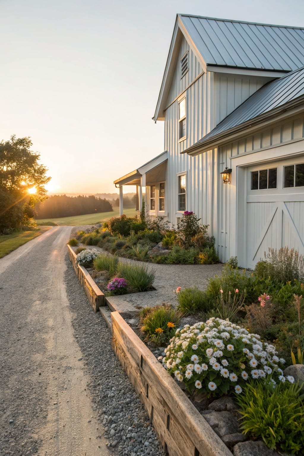 White vertical board-and-batten house with metal roof and attached garage beside a gravel driveway edged by wooden retaining walls filled with flowering plants and grasses.