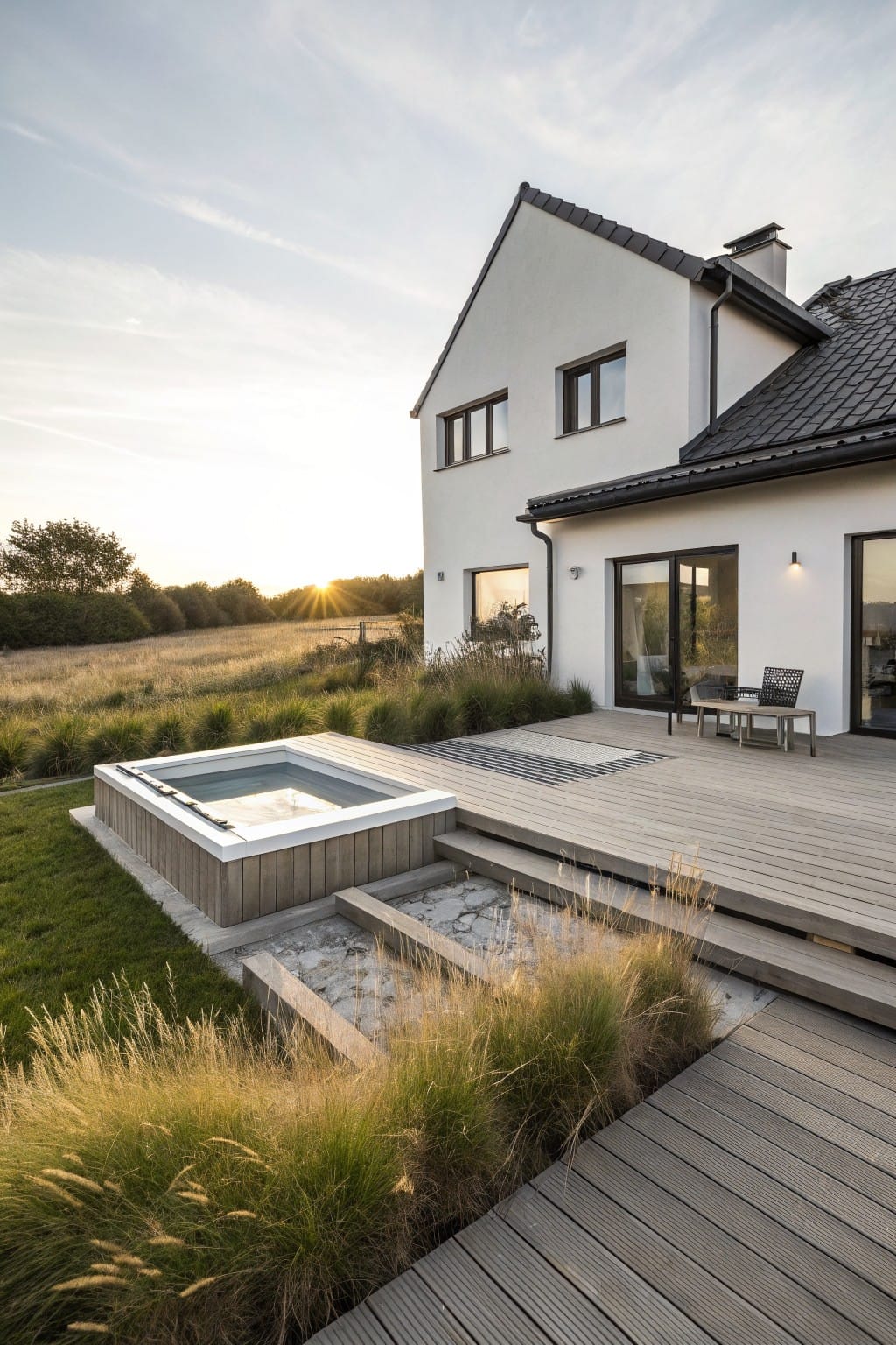 White modern house with dark tiled roof and large glass doors opening to a wooden deck terrace that includes a rectangular above-ground spa surrounded by tall ornamental grasses and stone steps leading to the yard at sunset.