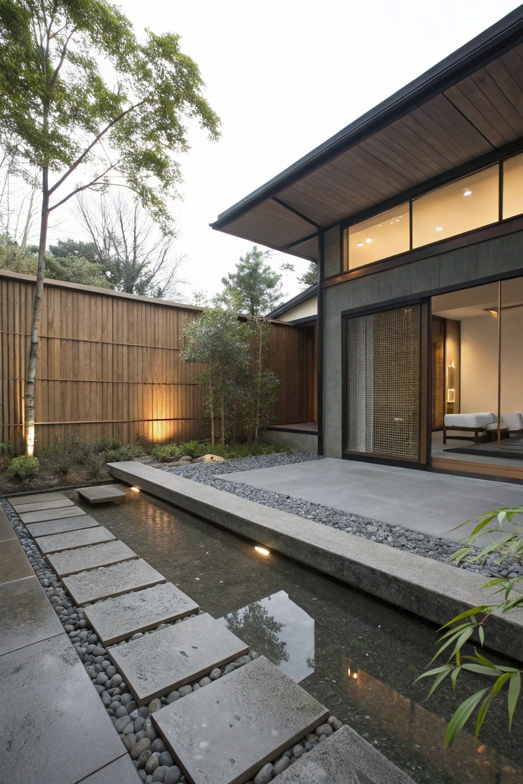 Modern home exterior with dark wood cladding and large sliding glass doors opening to a concrete patio, adjacent to a backyard with a linear water channel lined by pebbles and crossed by stepping stones, bamboo fencing, and trees.