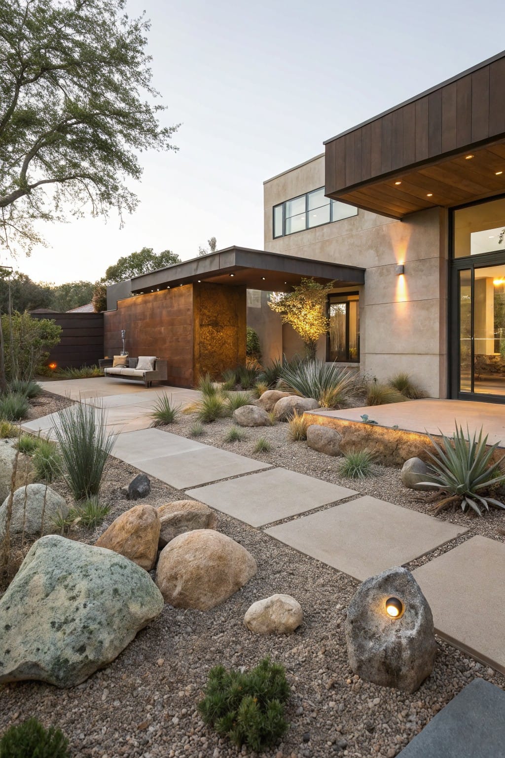 Modern home exterior with concrete paver pathway winding through gravel garden planted with agave succulents and large boulders, adjacent to a corten steel wall and glass entry doors.