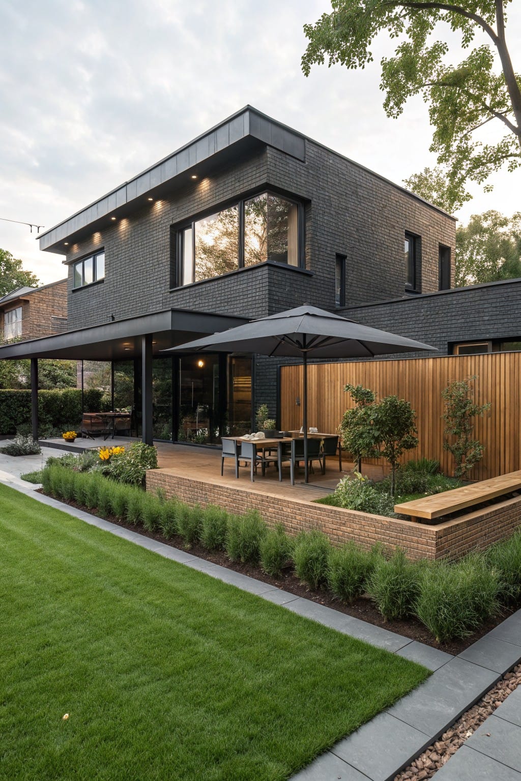 Modern black brick house exterior with large glass walls, wooden deck holding table, chairs, and black umbrella, adjacent brick planters filled with boxwood hedges bordering a green lawn.