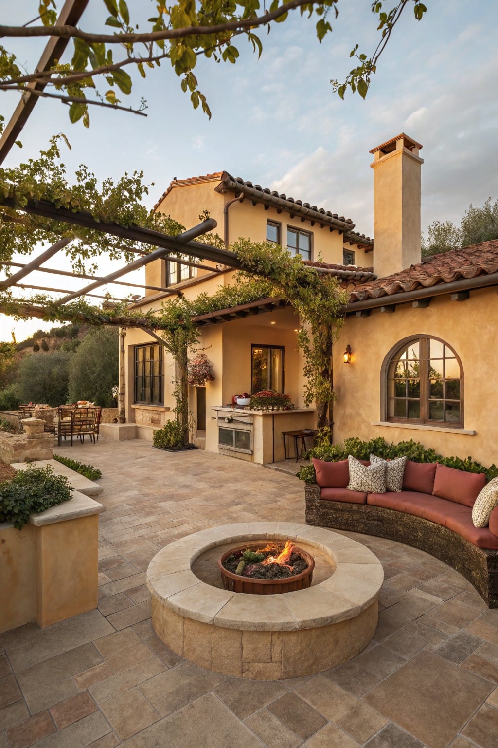 Backyard patio of a beige stucco house with red tile roof, curved stone fire pit ringed by cushioned benches, vine-draped pergola, outdoor kitchen counter, potted plants, and chairs on tiled flooring at dusk.