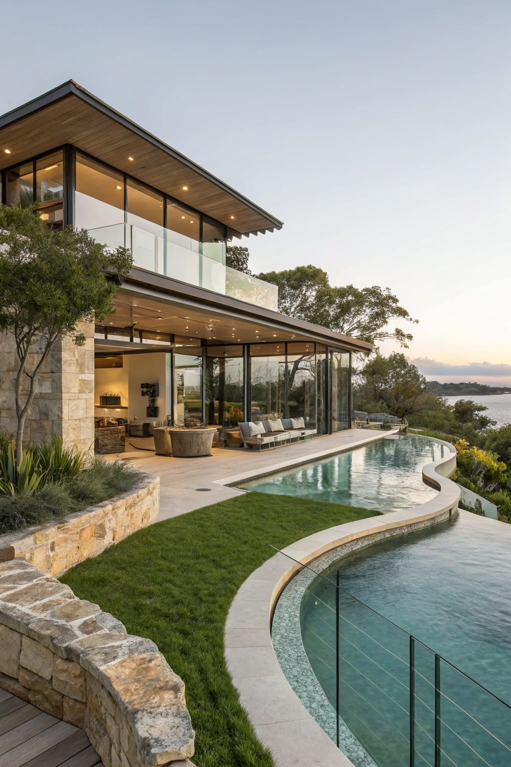 Modern two-story house with extensive glass walls, outdoor seating, and a curved infinity-edge pool next to stone retaining walls, grass, and trees, overlooking water at sunset.