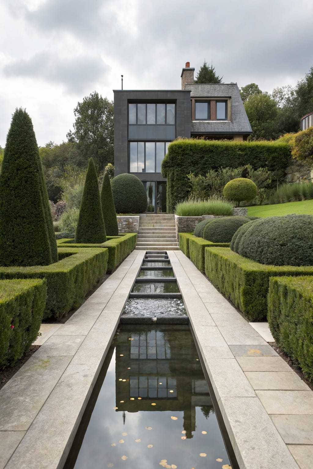 Modern dark-clad house on a hillside with a central stone walkway featuring a narrow reflecting pool flanked by manicured hedges leading to steps at the entrance.