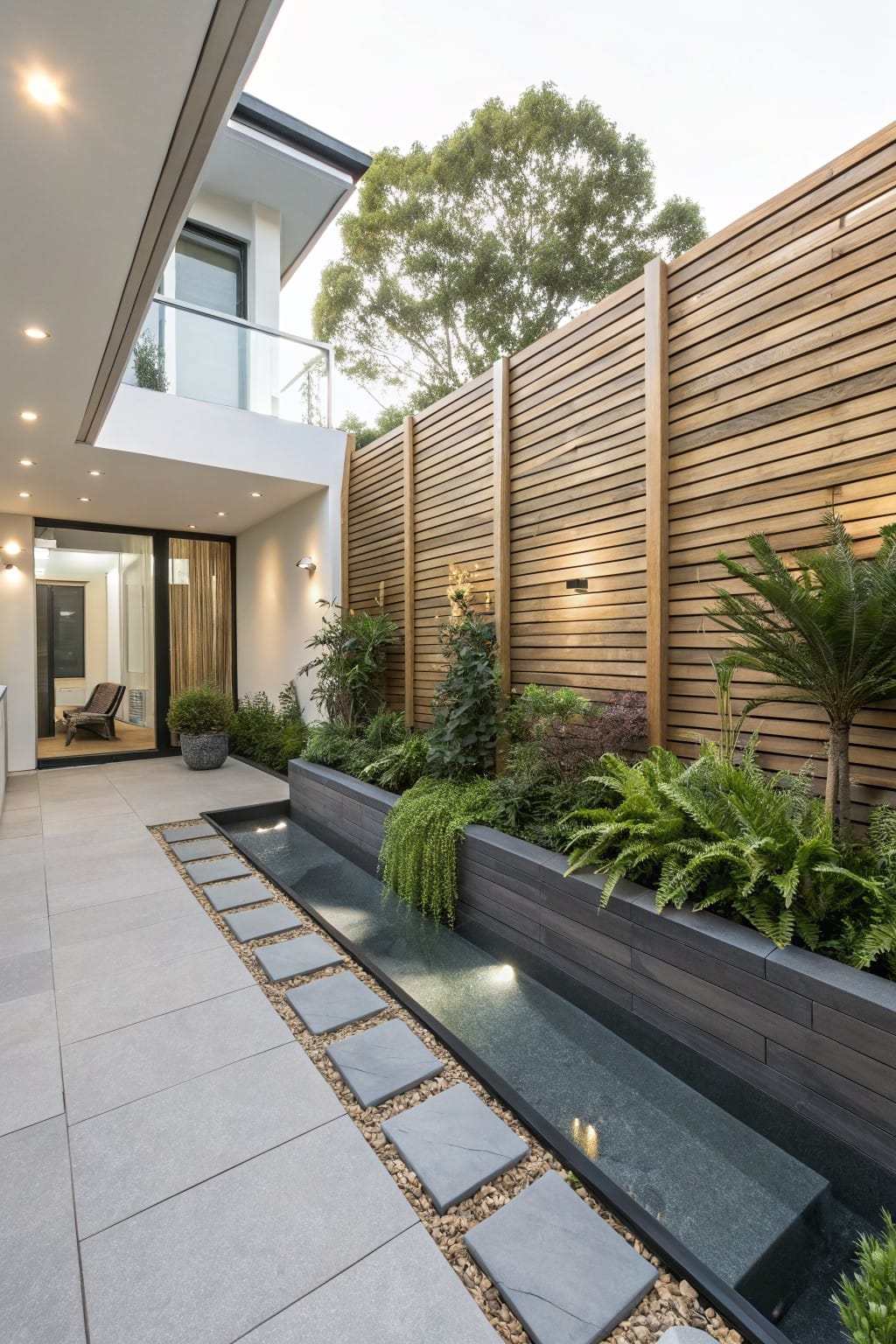 Modern two-story home exterior with glass entry doors, a paved walkway with stepping stones beside a long rectangular timber water planter filled with greenery, timber slatted fence, and wall-mounted lights.