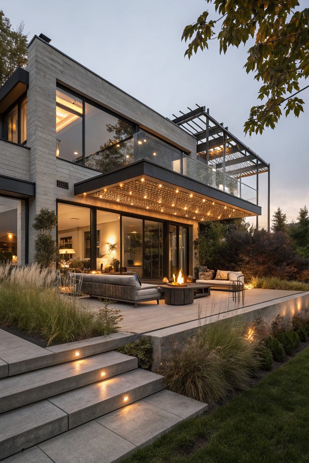 Modern gray stone house with elevated patio featuring gray sofas, fire pit, and glass doors, plus lit steps descending to grassy yard with ornamental grasses at dusk.