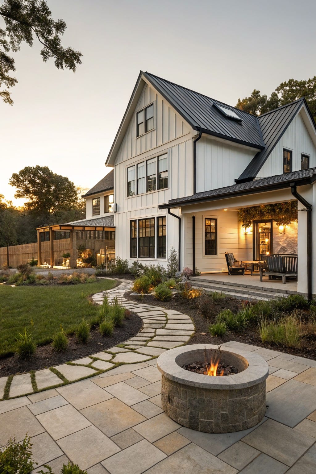 White board-and-batten house with gabled black metal roof, wraparound porch, backyard paver patio with stone fire pit, winding flagstone path through ornamental grasses, and lawn at dusk.