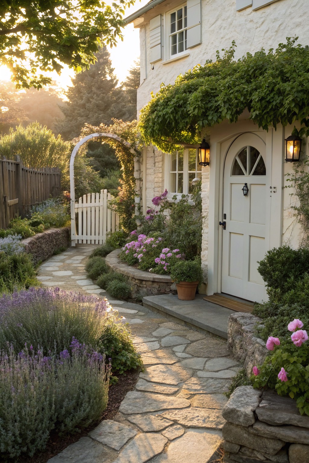 Charming stone pathway leading to a white door, surrounded by colorful flowers and greenery.