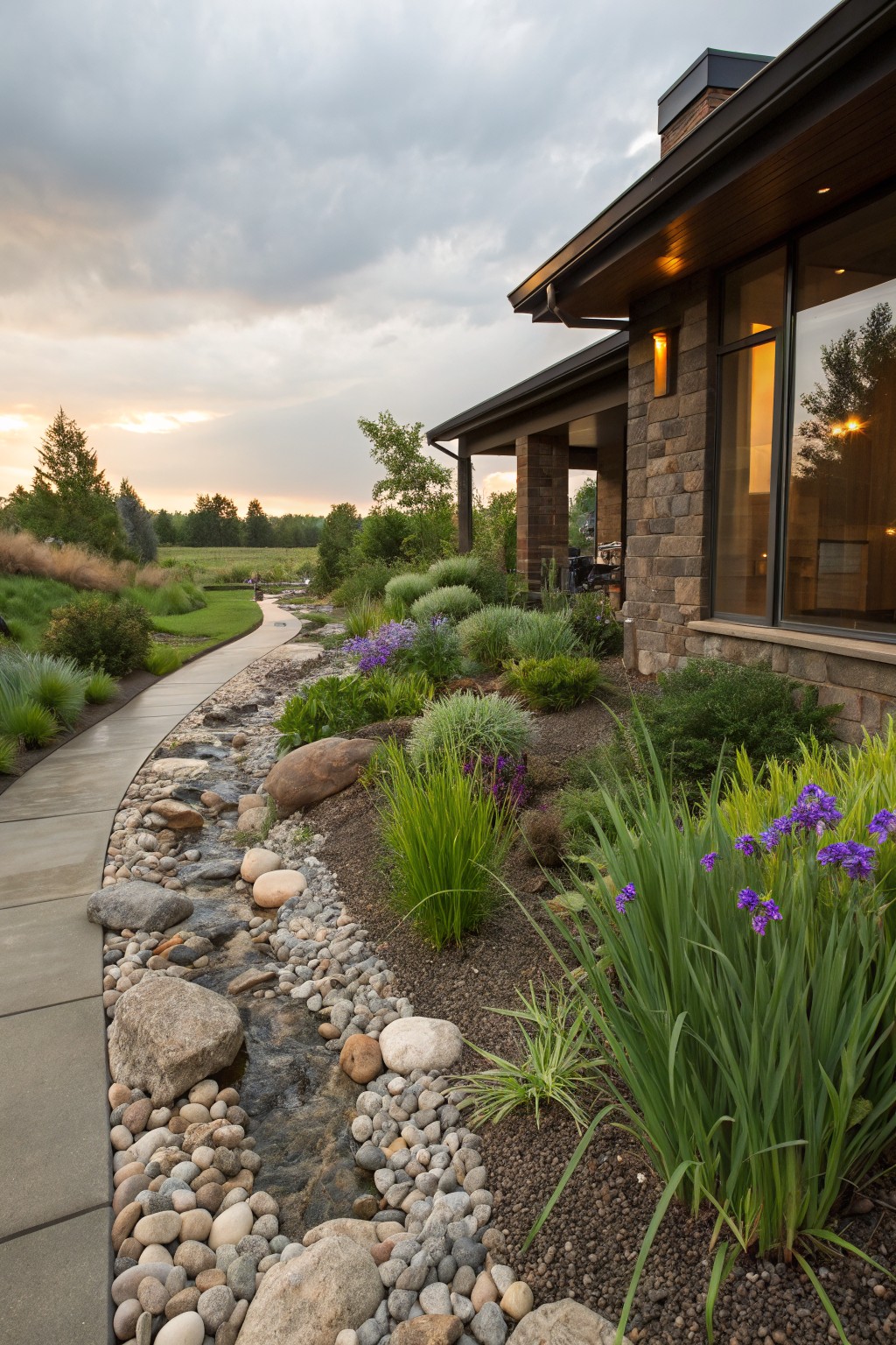 Concrete pathway winding alongside a dry creek bed of pebbles, boulders, grasses, and purple iris flowers in a front yard landscaped with shrubs and leading to a stone house exterior.