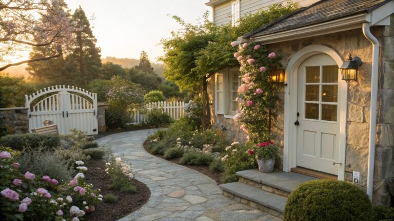 A charming front yard features a winding stone pathway, lush greenery, and blooming roses, leading to a cozy stone house with warm lighting at sunset.