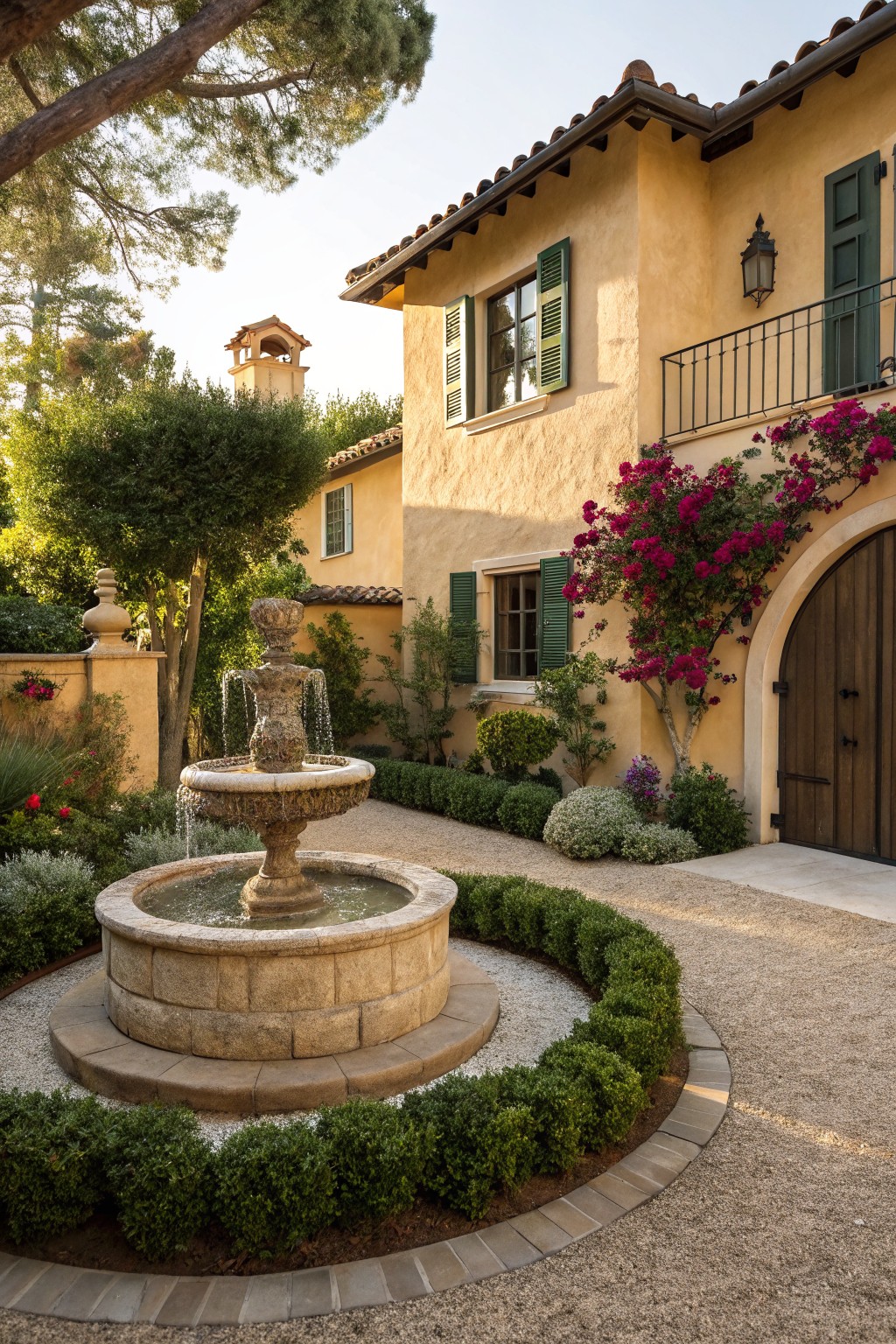 Yellow stucco house with green shutters and arched wooden entry door, central stone fountain in circular bed edged by boxwood shrubs, gravel pathway, pink bougainvillea on walls, trees and plants in courtyard.